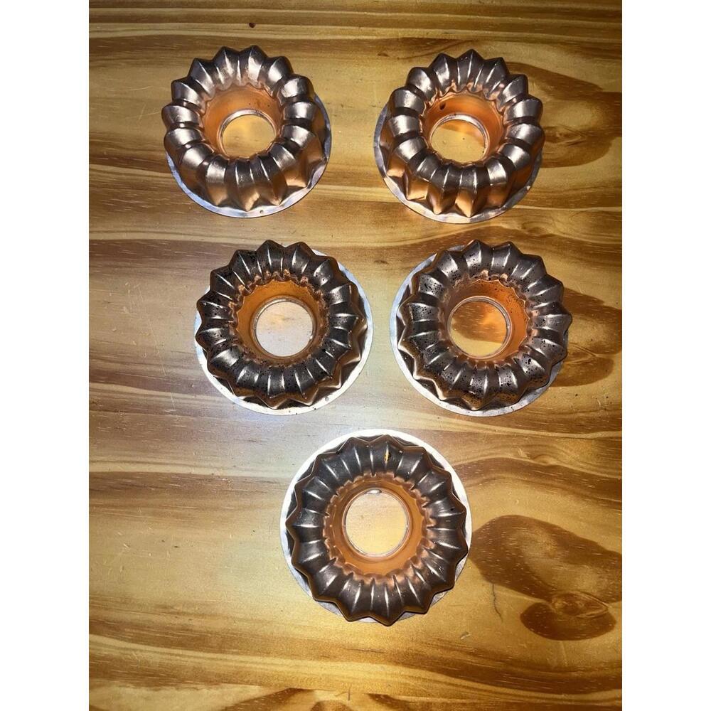 5 Rose Copper Bundt Cake Molds Mini 4" Round Ring Jello Mold Pans VTG